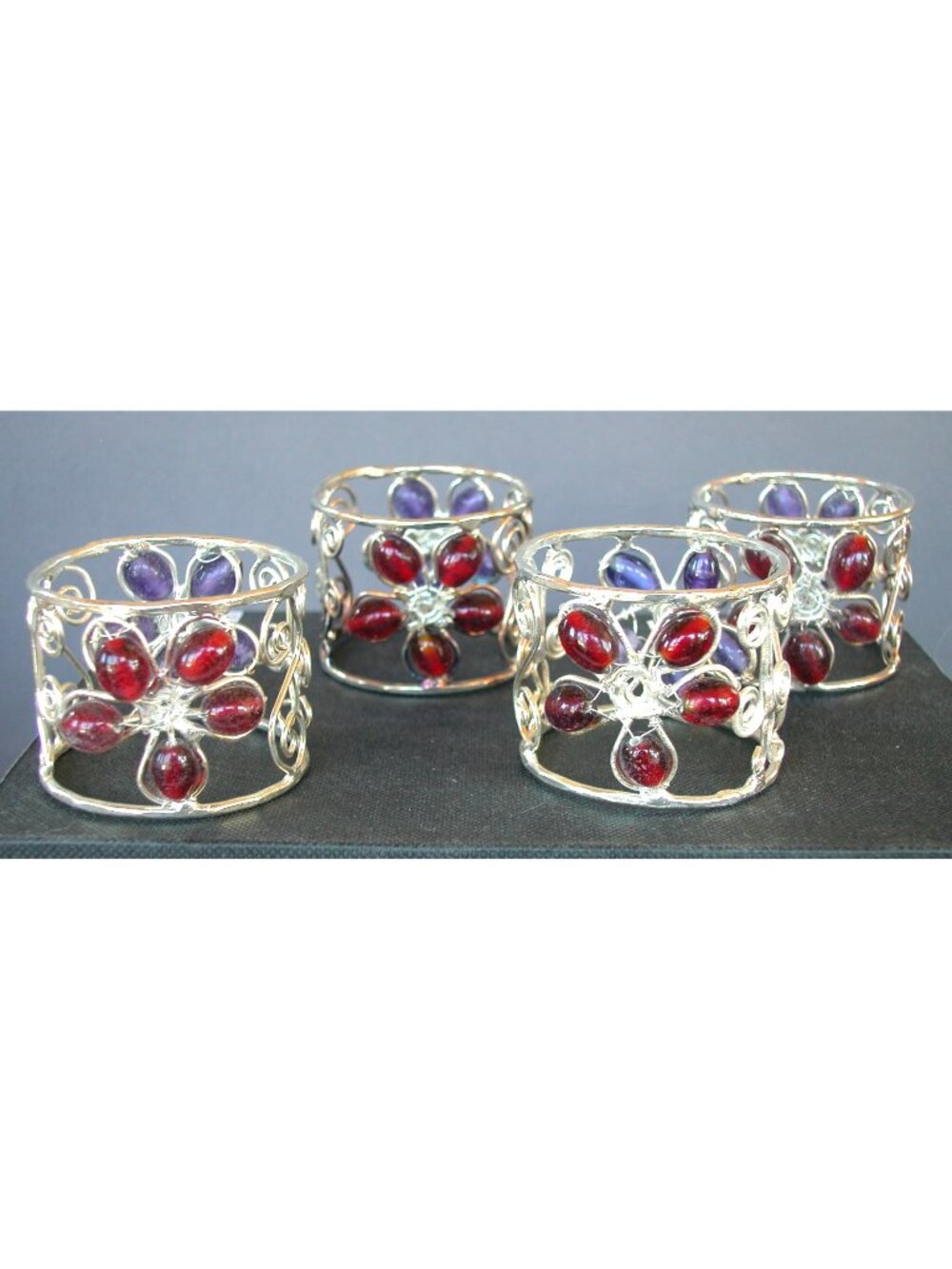 Artisan Silver-Tone Wire Napkin Rings Red & Purple Accents